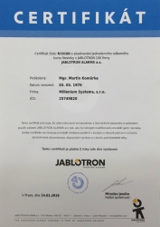 Certifikát JABLOTRON 2016 - 2018